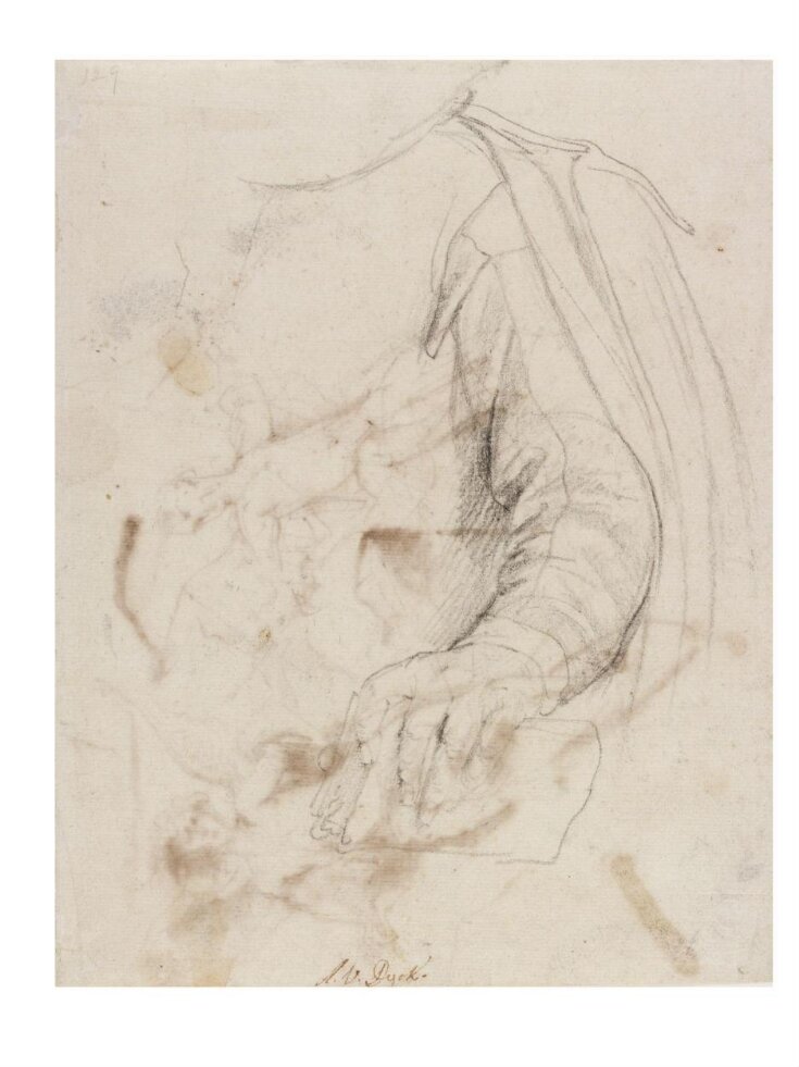 Recto: Study of the Left Arm of a Man Holding a Book and Wearing a Cloak, Verso: Two Studies for Amor as Conqueror top image