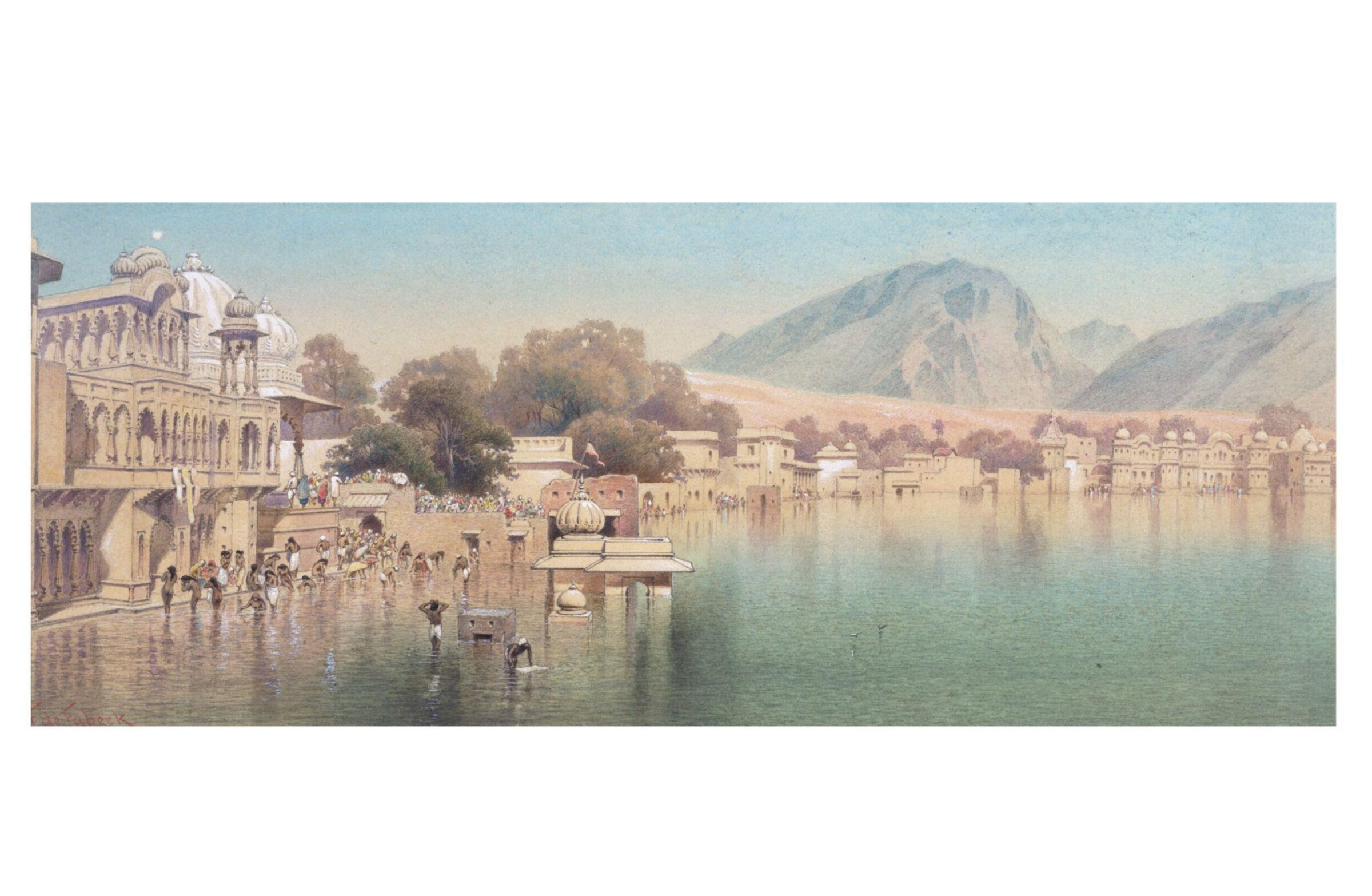 View of Pushkar Lake and the bathing ghats, near Ajmer, Frederick William Alexander De Fabeck, ca. 1860 - ca. 1890