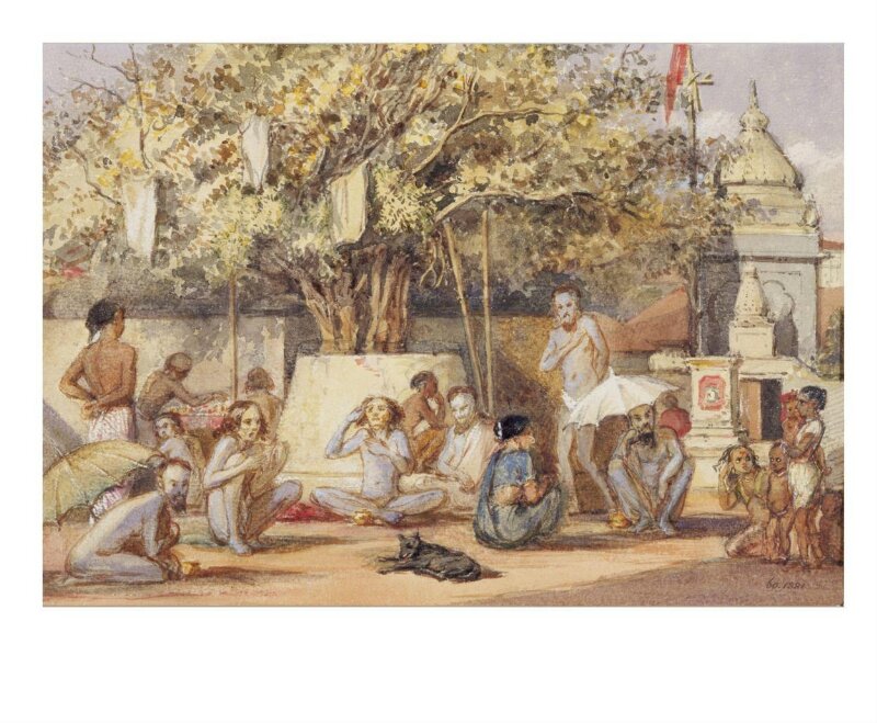 Hindu bairagis preparing for a festival outside a shrine