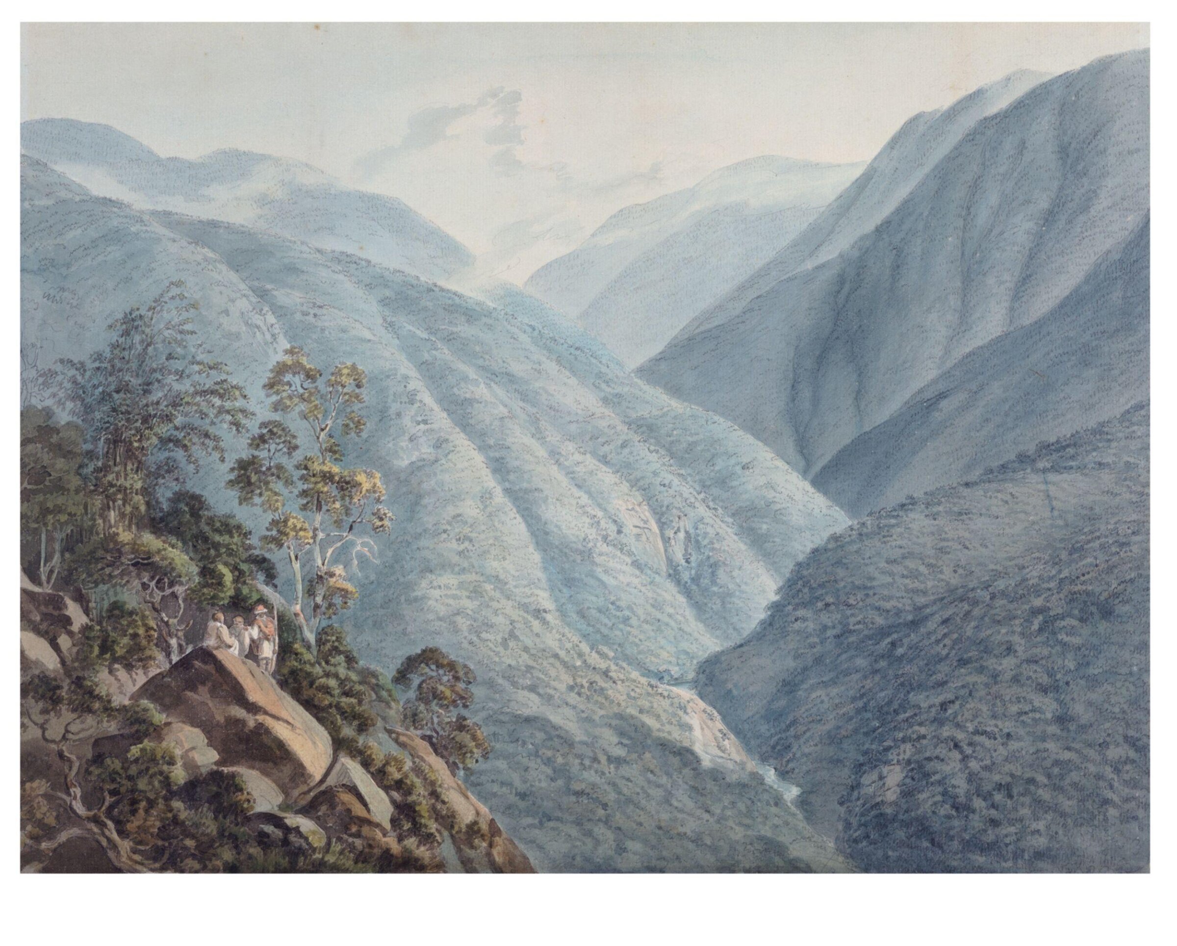 View from Murichon looking northward up the channel of the Teenchoo on the road to Tacissudon, Bhutan, Samuel Davis, ca. 1783-1806