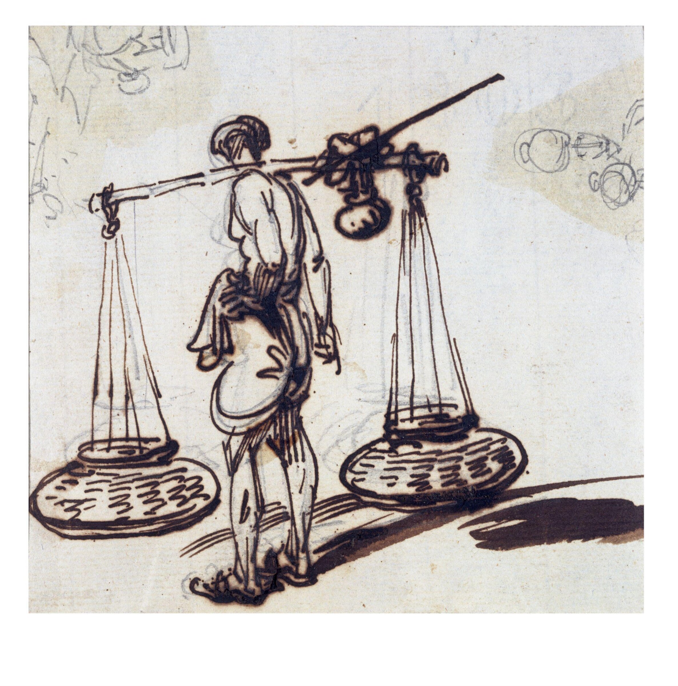 Itinerant Indian vendor with two large baskets suspended from a pole over his shoulder, George Chinnery, early 19th century