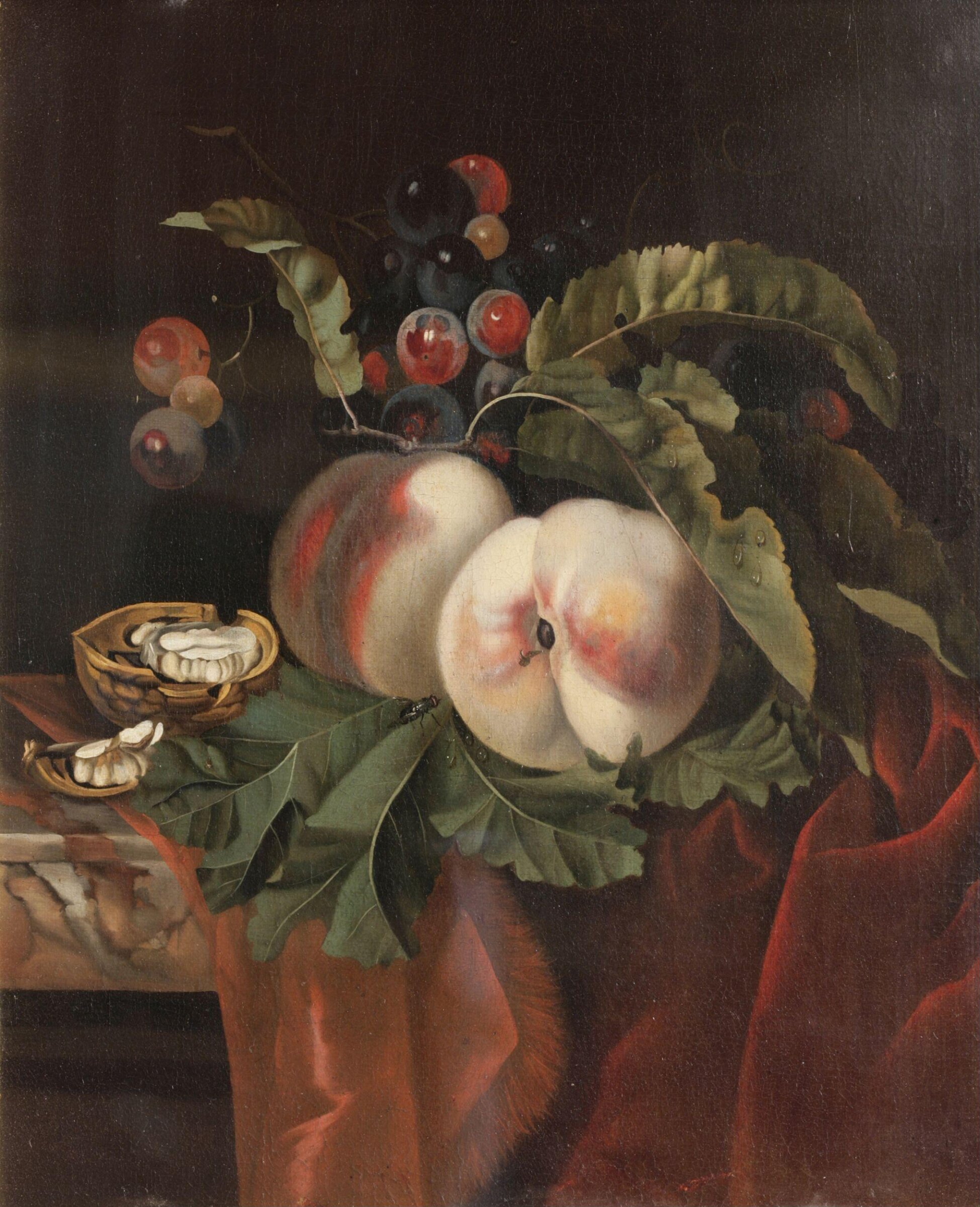 Still life with Peaches, Red grapes and a Walnut, Ernst Stuven, 1675-1712