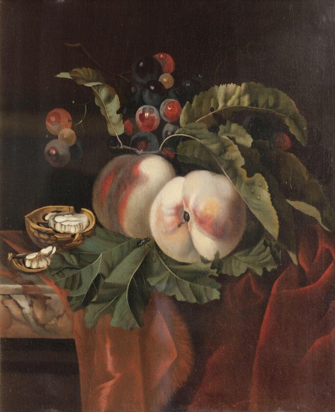 Still life with Peaches, Red grapes and a Walnut