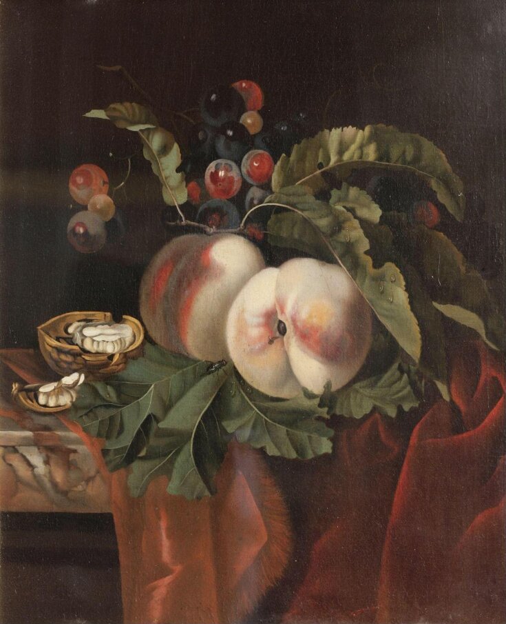 Still life with Peaches, Red grapes and a Walnut top image