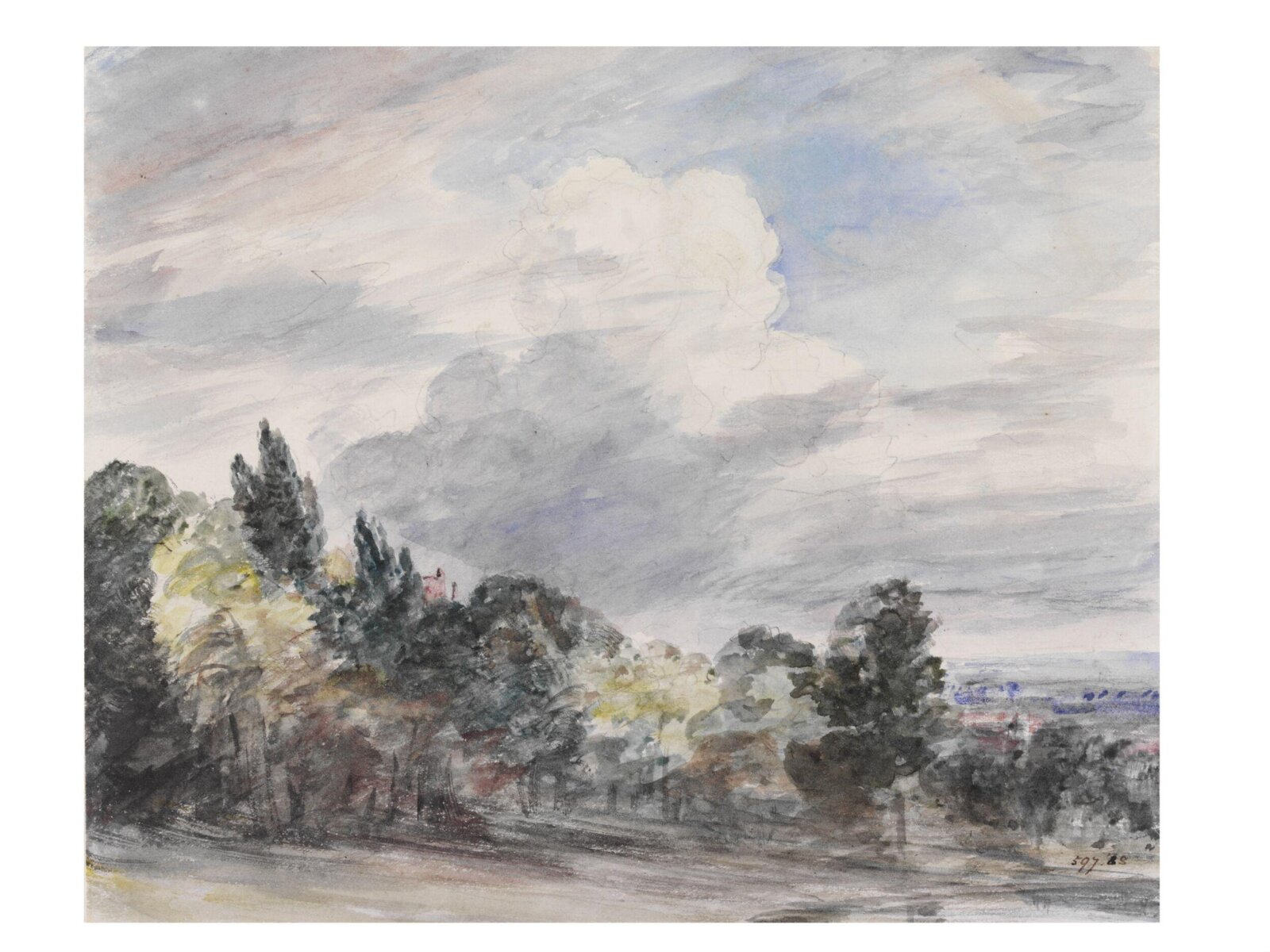 View over a wide landscape, with trees in the foreground, John Constable, September 1832