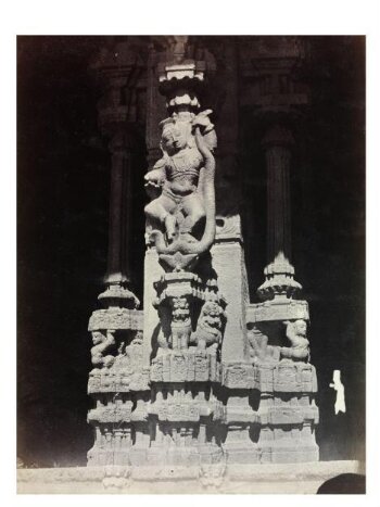 Hampi (Vijayanagara): Stone pier with Krishna dancing on the snake.