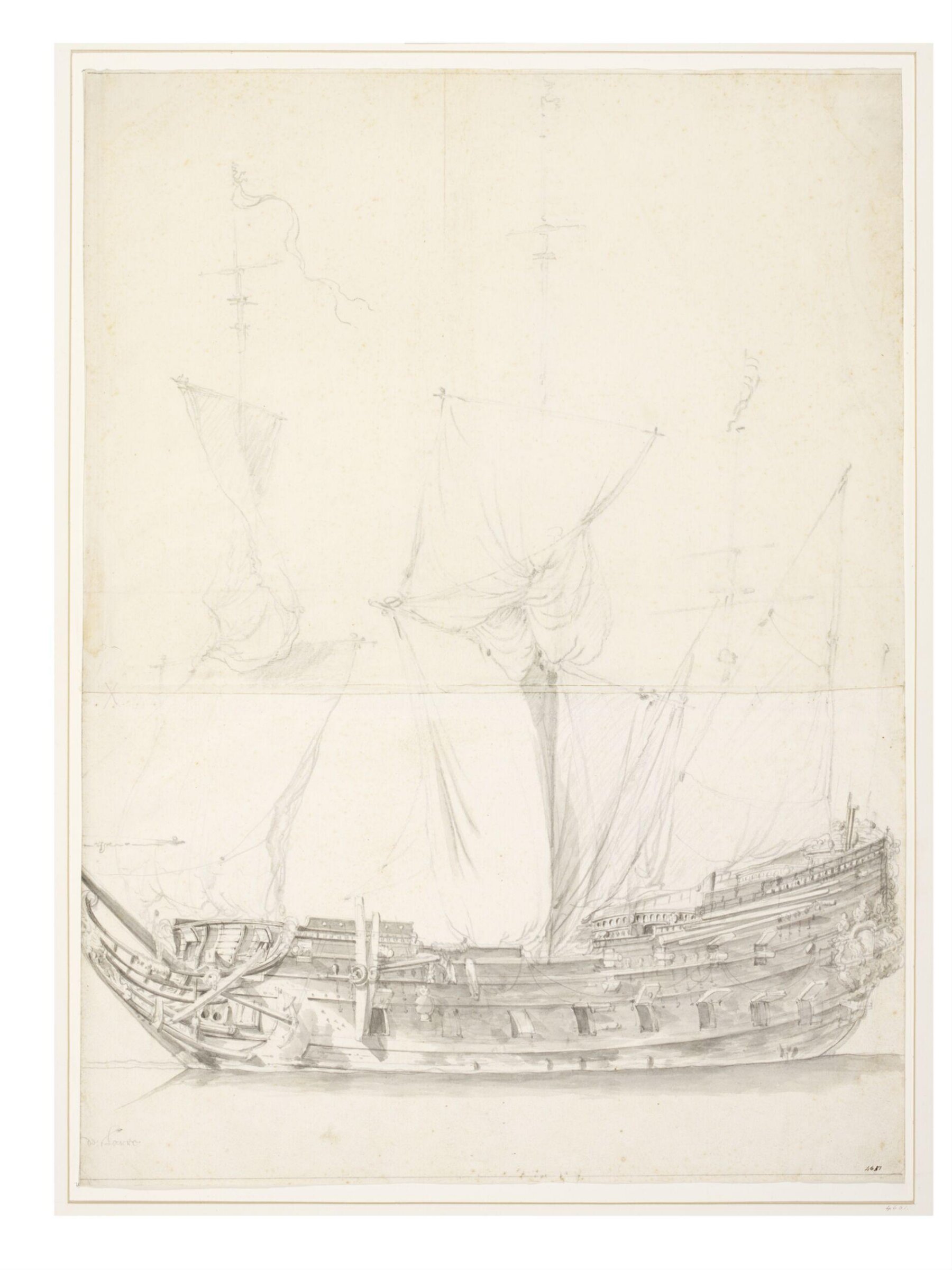 The Dutch Ship <i>Ster</i>, Lying to; Broadside View from the Port Beam [by the elder], Willem van de Velde the Elder, 17th century