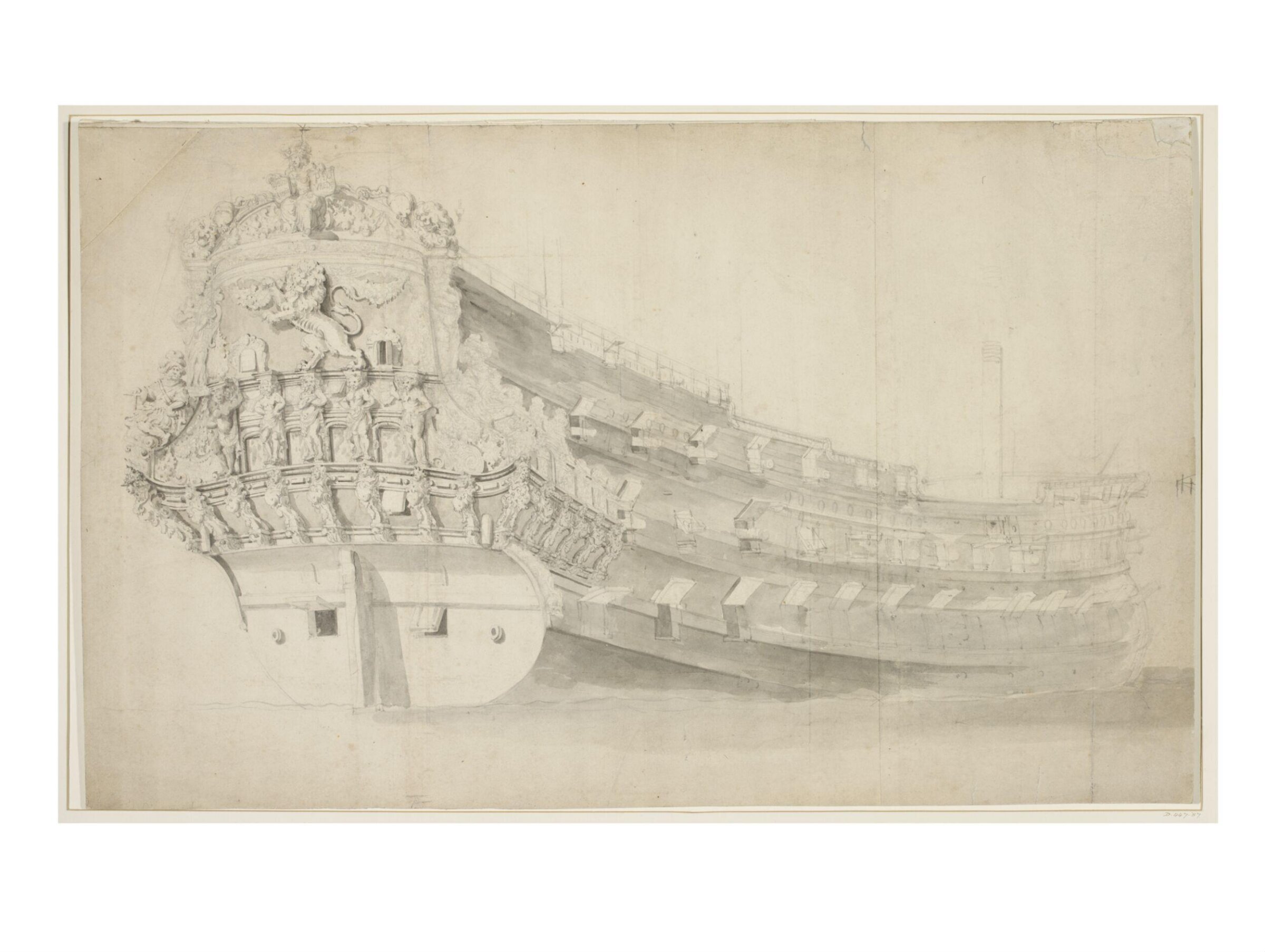 Hull of the Dutch ship Gouden Leeuw; from the starboard quarter, Willem van de Velde the Elder, c.1666-86