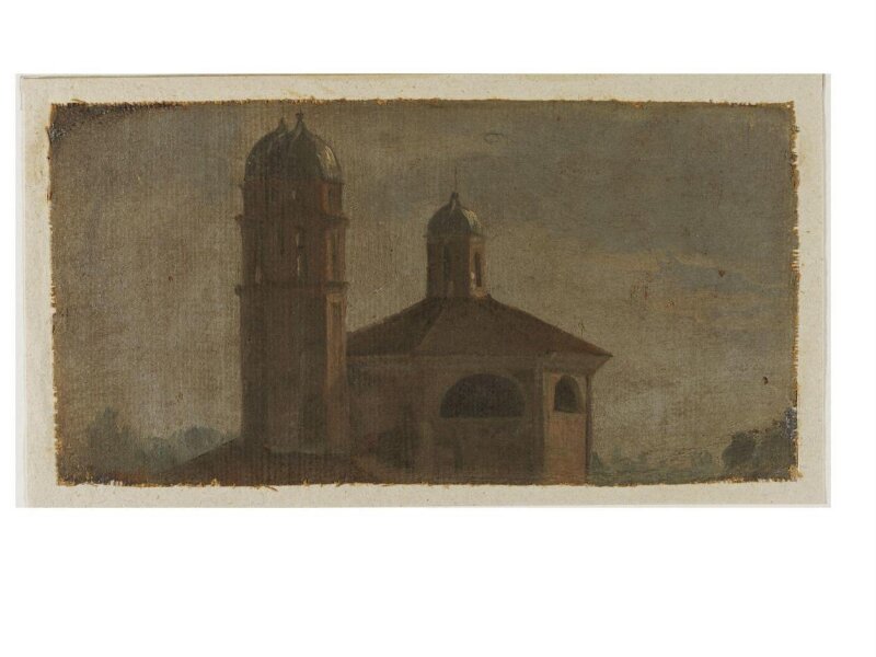 The Upper Section of a Church with a Hexagonal Dome and Two Towers