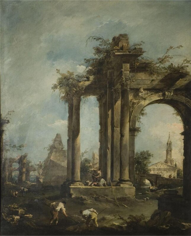 Capriccio with Roman Ruins, a Pyramid and Figures
