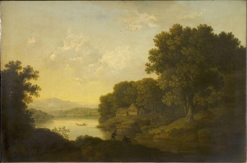 Lake Scene with boat and anglers