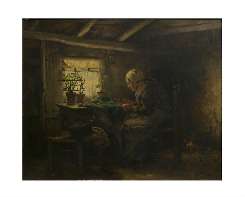 Interior with an Old Lady Seated and Cutting Cloth