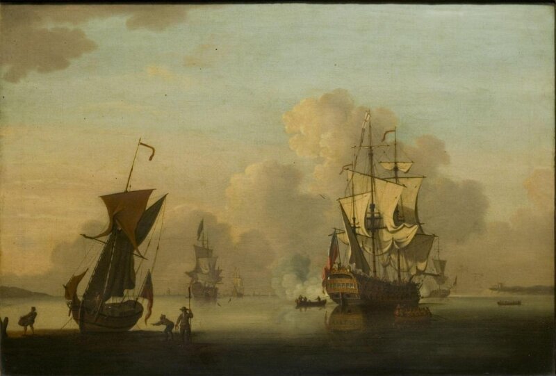 Sea Piece: English Frigates at Anchor in a Calm, Saluting