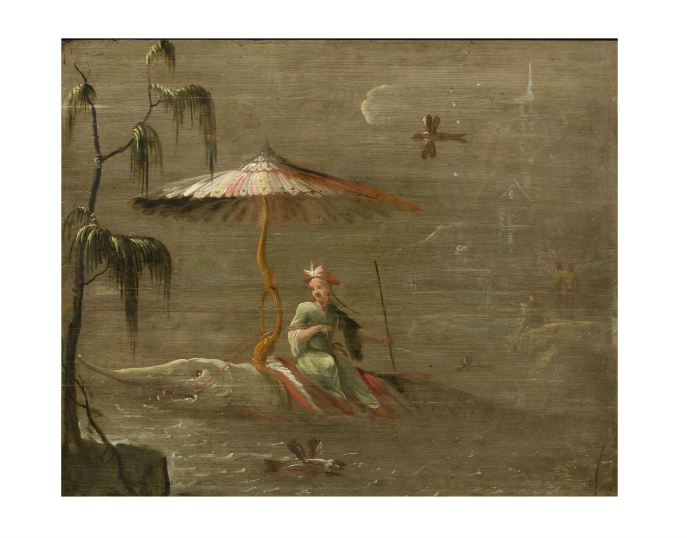 A Chinese Dignitary Riding a Fish (one of eleven panels with Chinoiserie decoration), Robert Robinson, ca. 1696