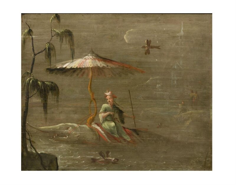 A Chinese Dignitary Riding a Fish (one of eleven panels with Chinoiserie decoration)