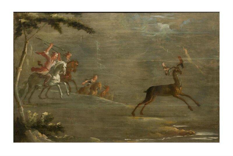A Band of Tartar Horsemen Hunting an Elk (one of eleven panels with Chinoiserie decoration)
