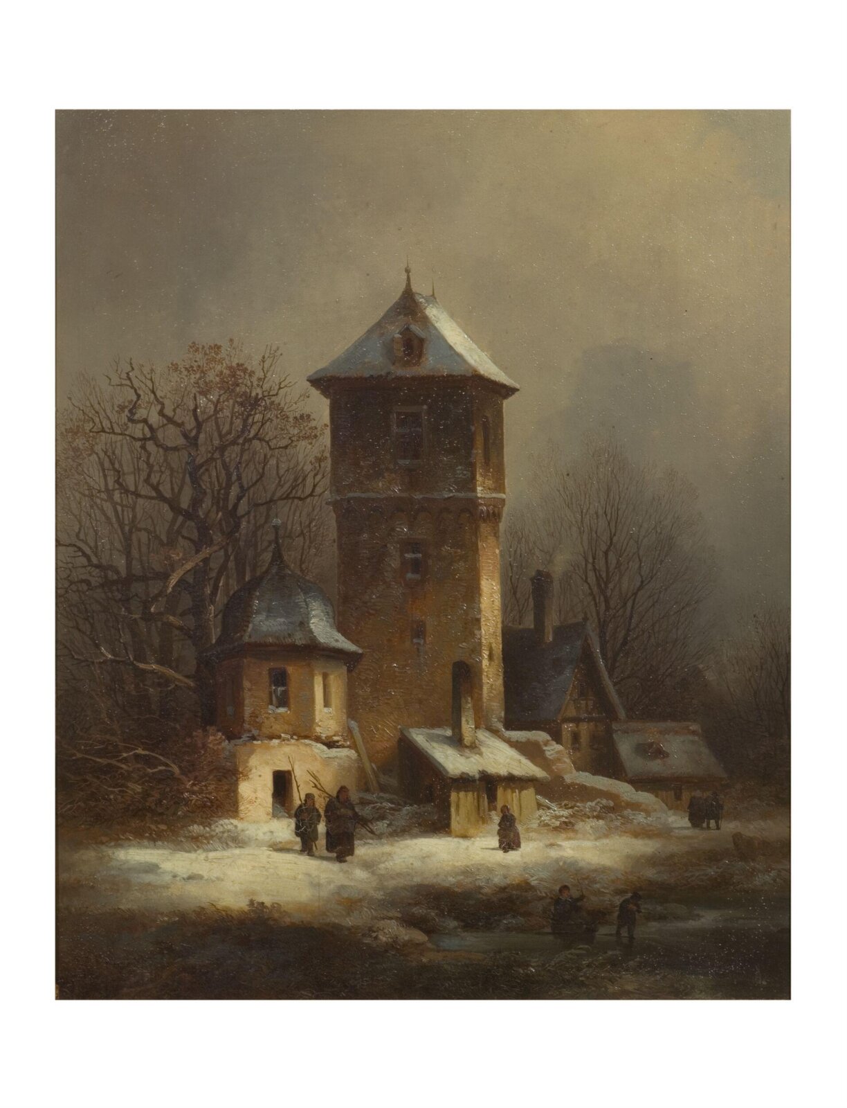 Snow scene with buildings and tower, Theodor Verhas, pre 1868