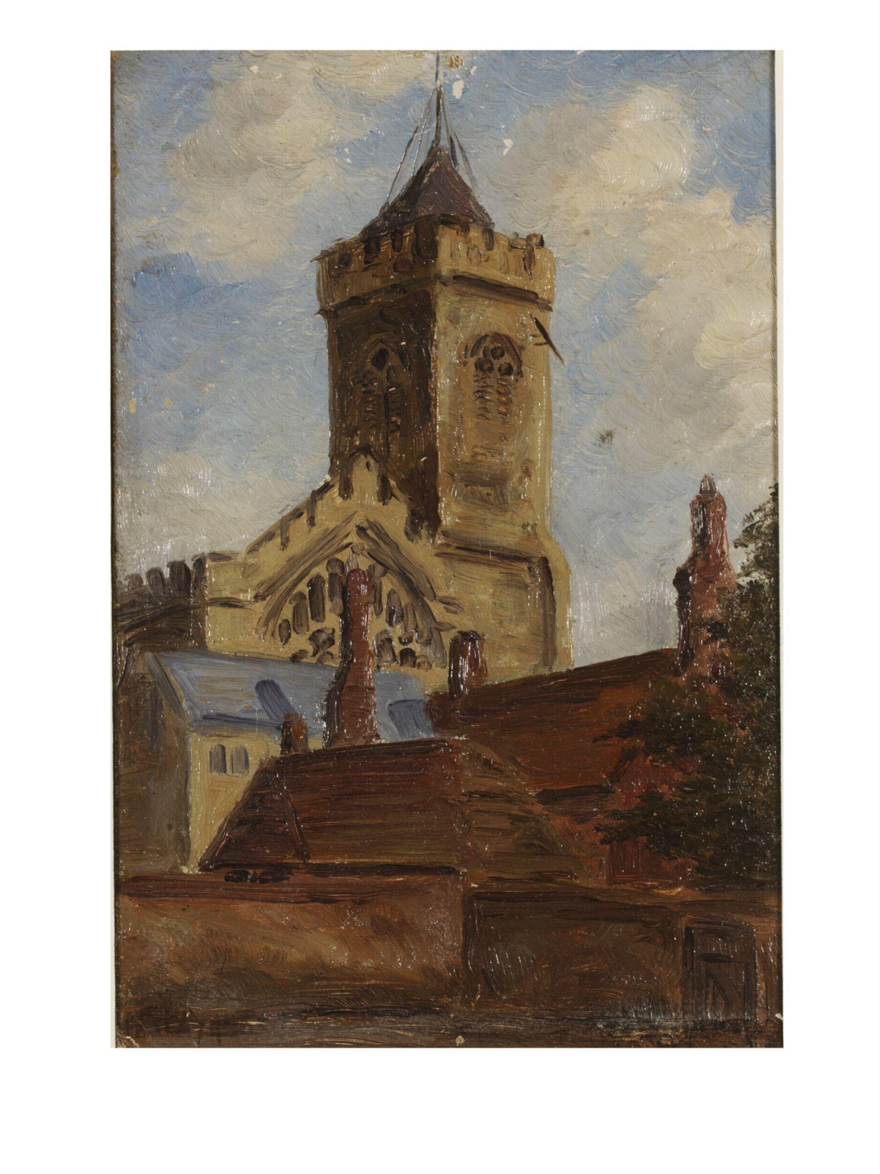 A Gothic church tower and other buildings, Peter Paul Pugin, ca. 1870