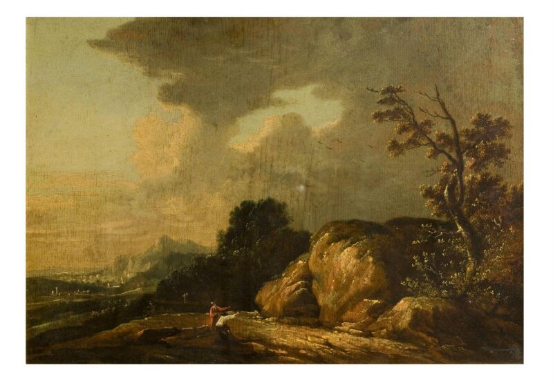 Rocky landscape with figures and mountains