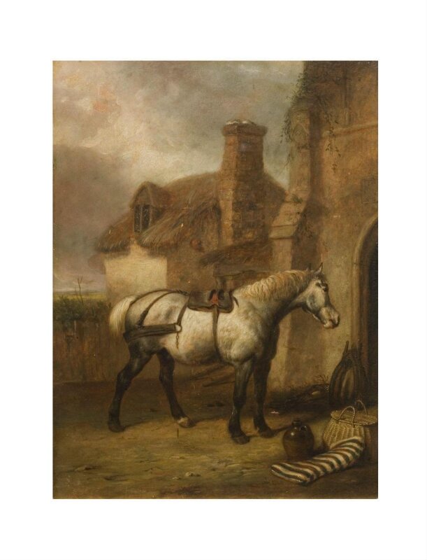 A Grey horse at a stable door