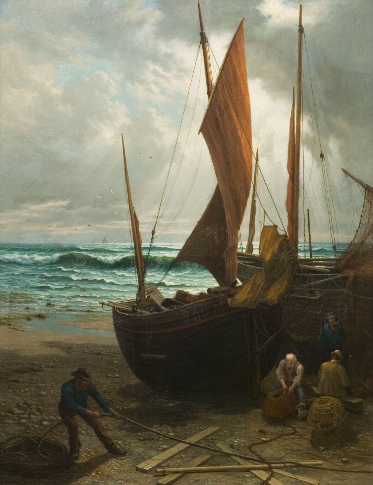 Off the Brighton Coast: Smacks Ashore, Arnold Helcke, 1882