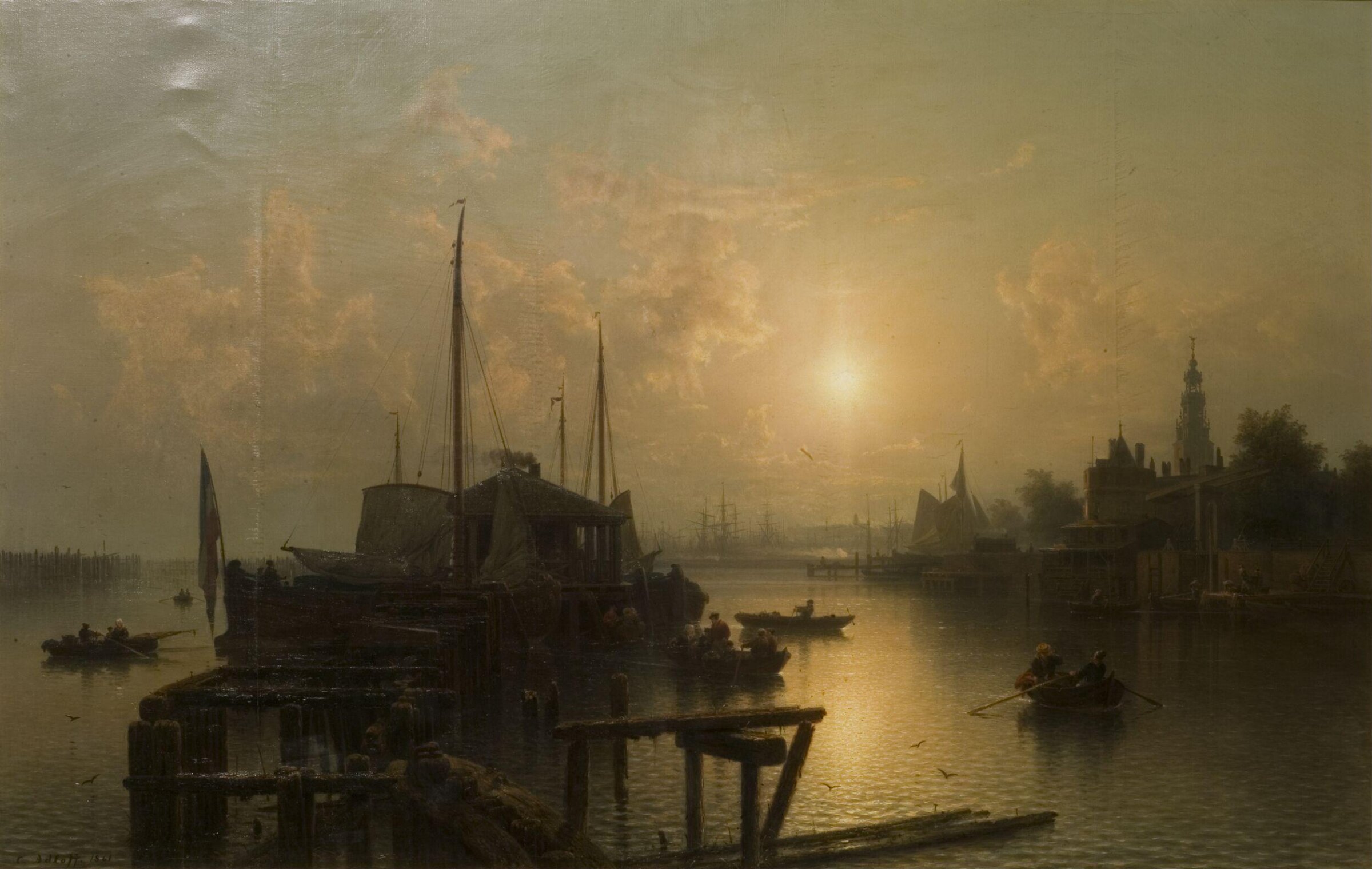 River, with boats and shipping, Karl Adloff, 1861