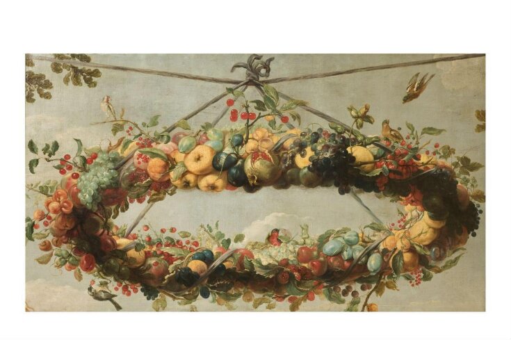 A wreath of fruit, with birds, suspended from a cord top image