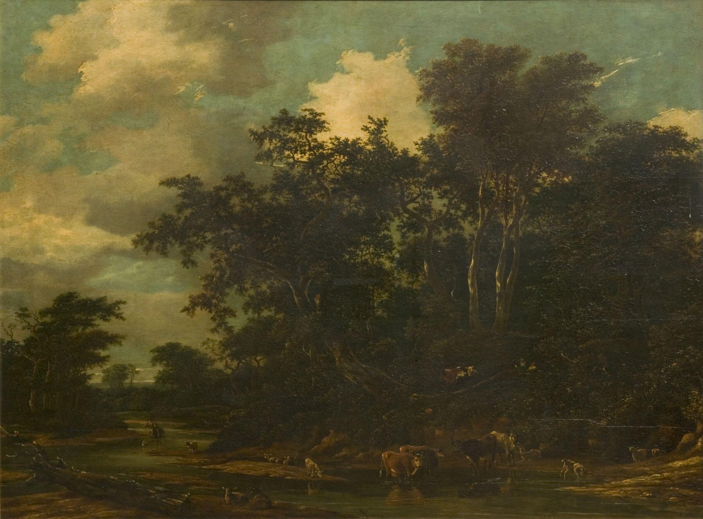 Woody landscape with cattle and stream, Jacob Salomonsz. Ruisdael, 1678