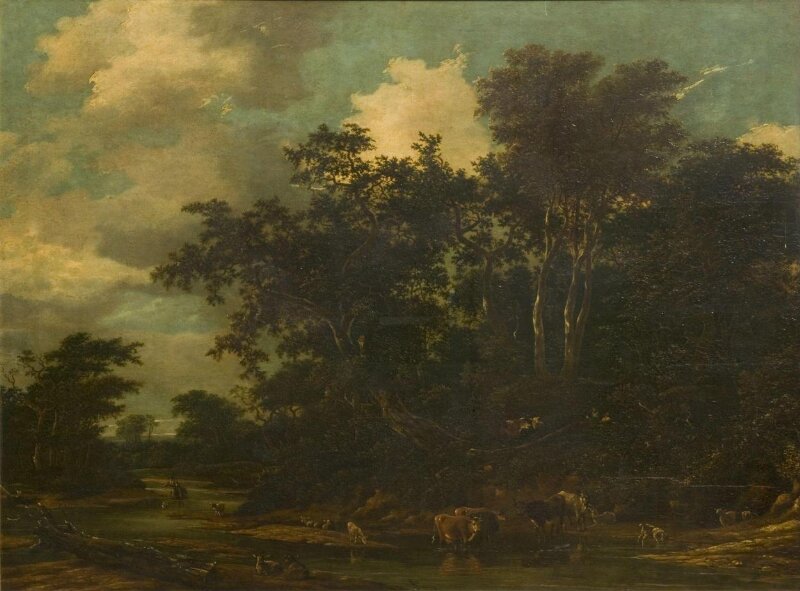 Woody landscape with cattle and stream