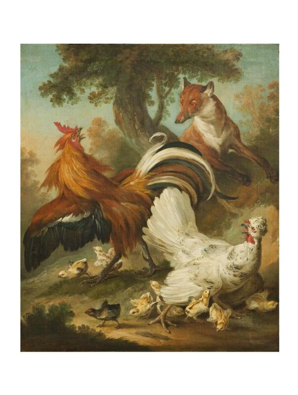 Cock, hen and chickens surprised by a fox