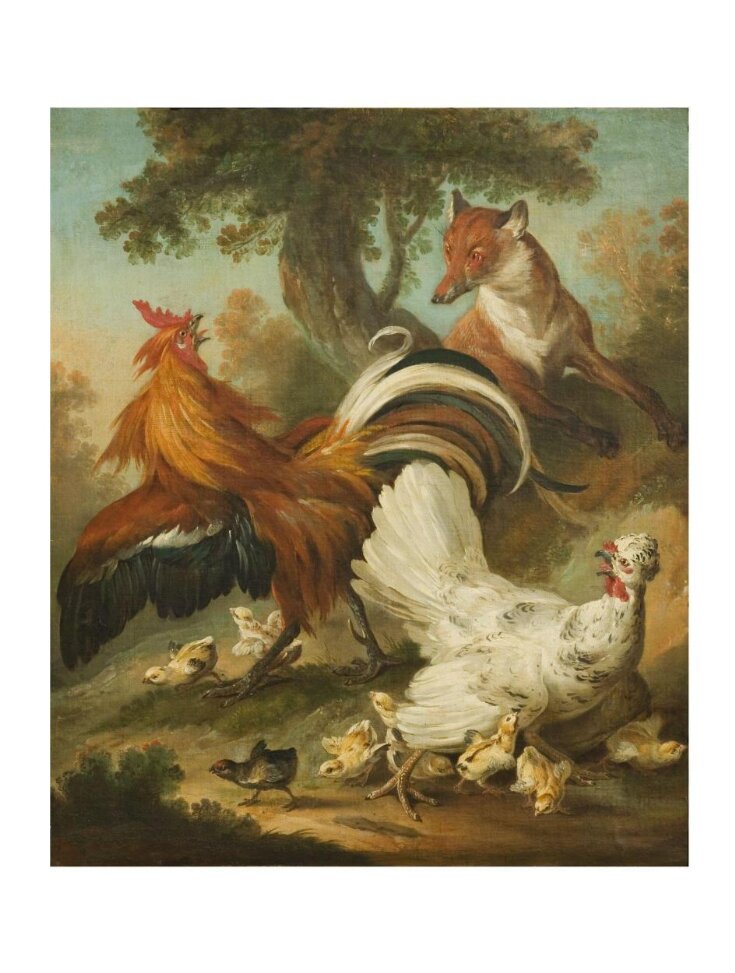 Cock, hen and chickens surprised by a fox top image