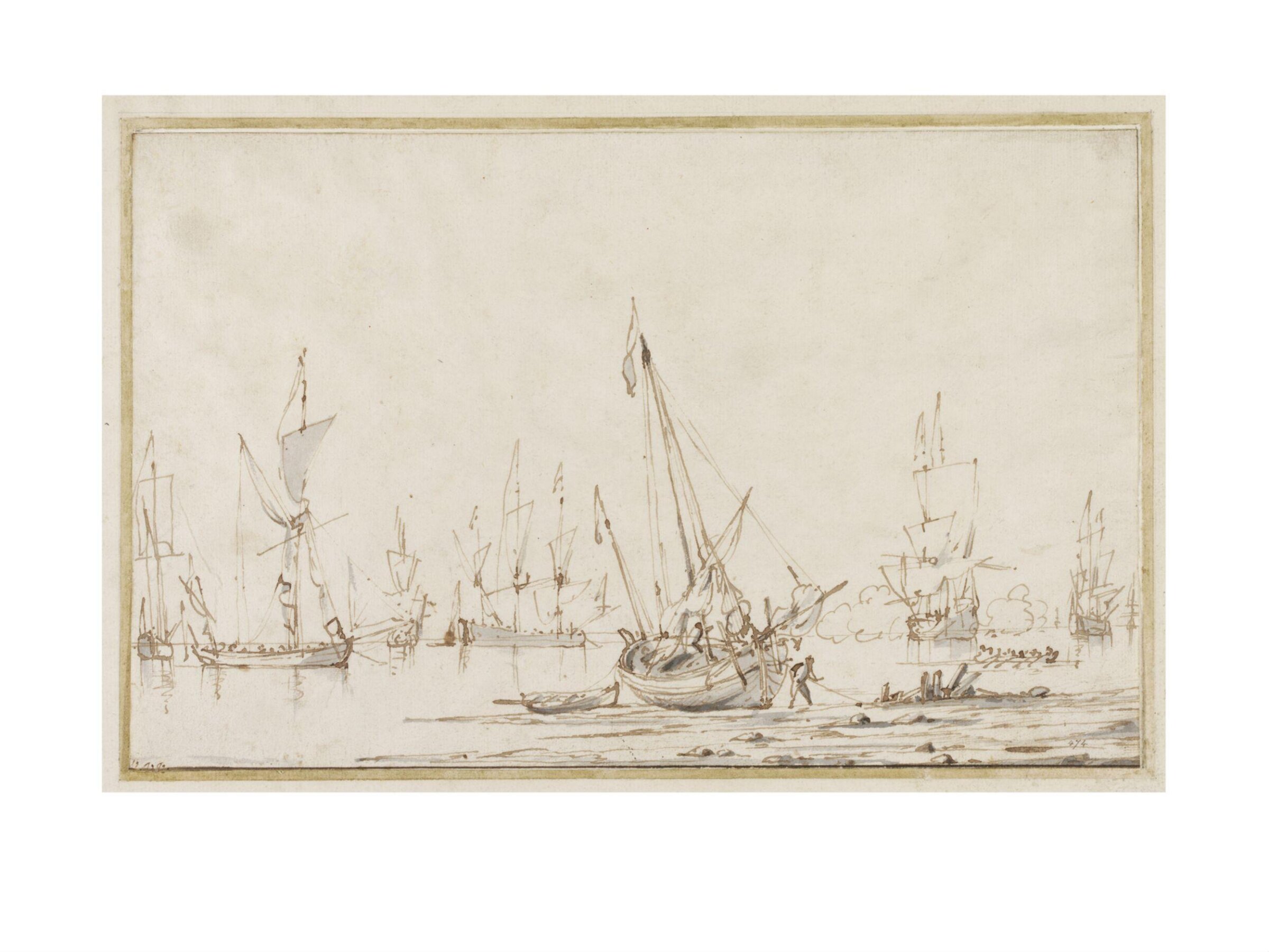 Vessels lying at the mouth of a river, one firing a salute, Willem van de Velde the younger, late 17th century - 1707
