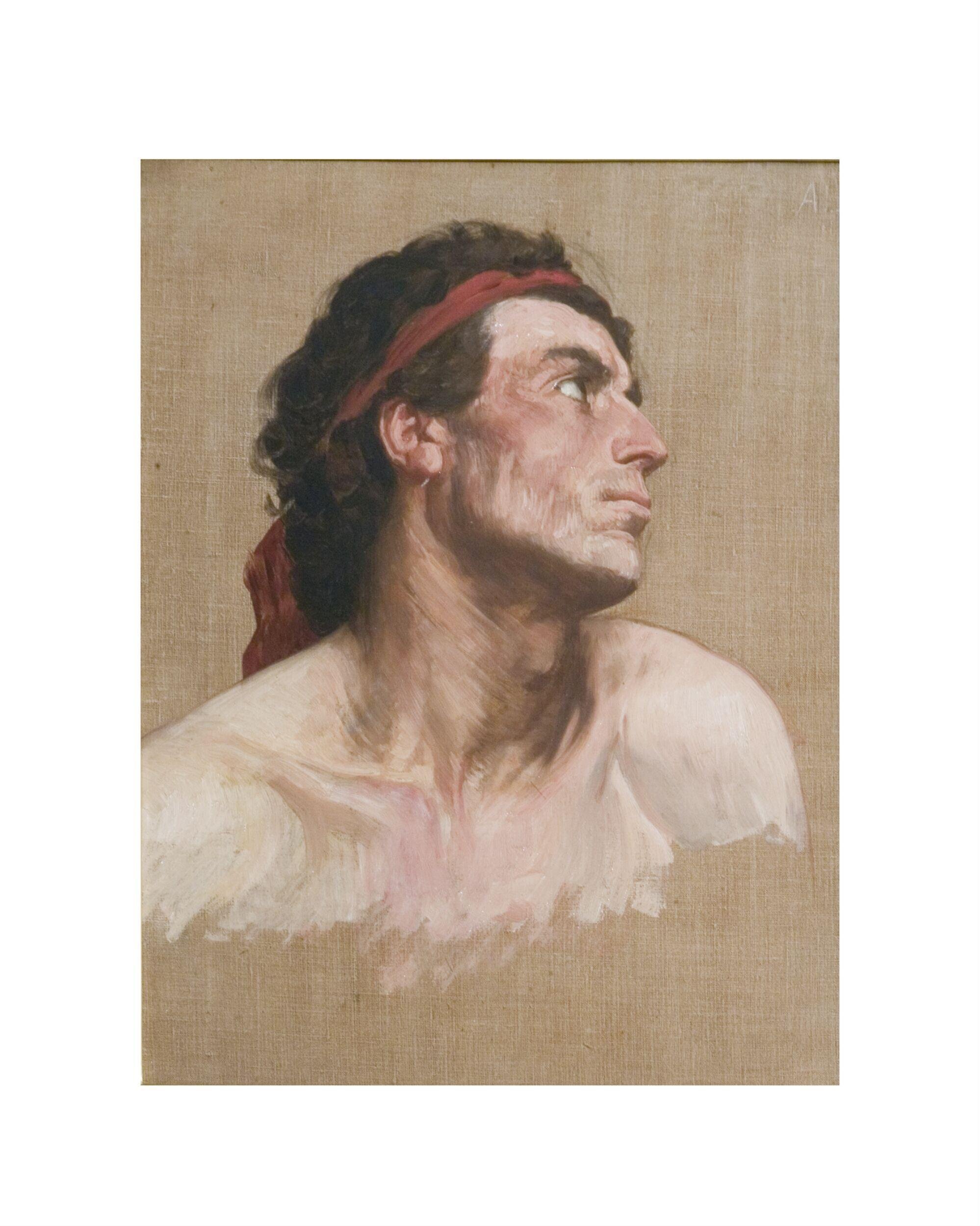 Head of a man looking upwards and sideways