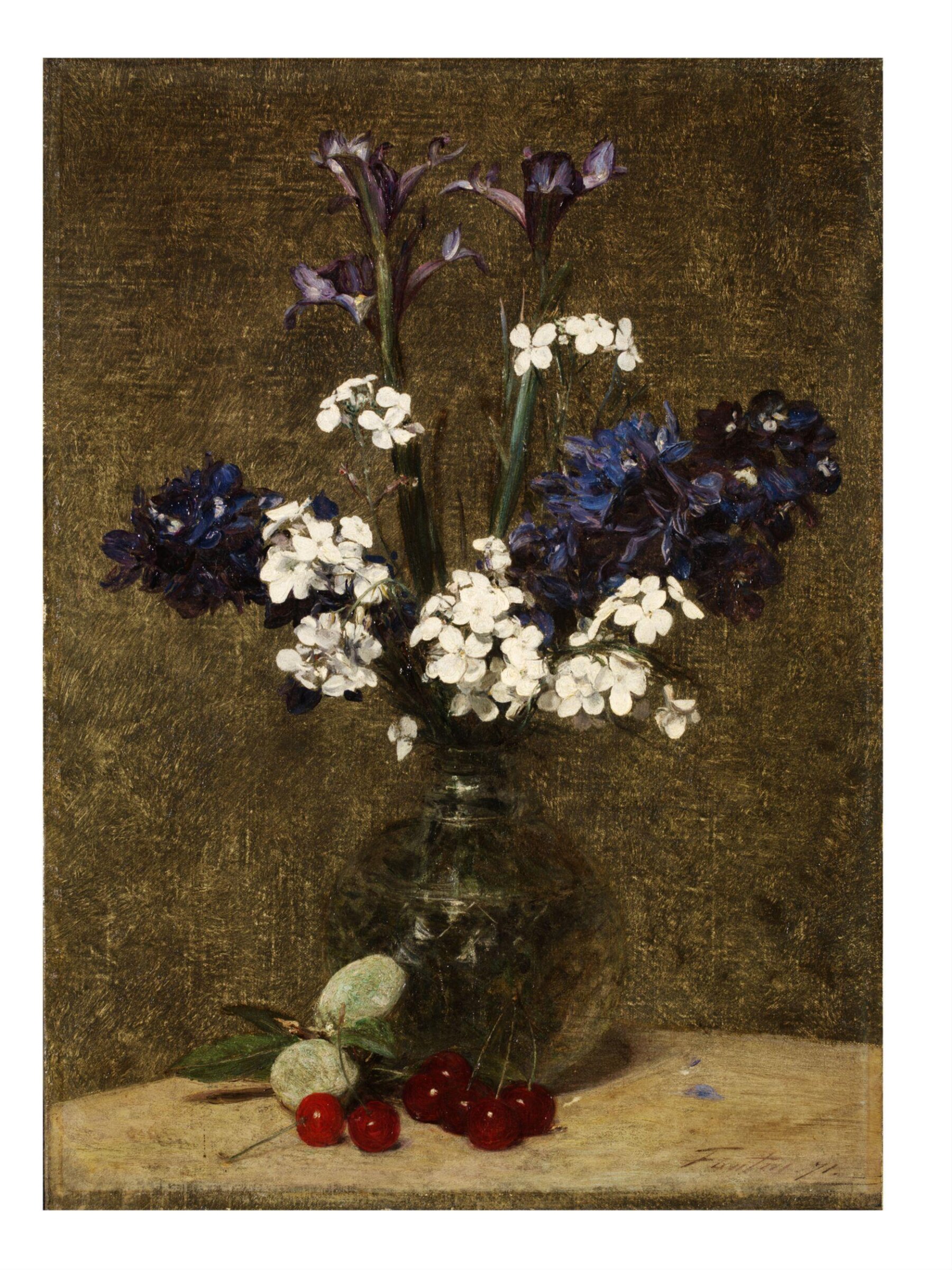 Vase of flowers, with Cherries and Almonds on the table, Henri Fantin-Latour, 1871