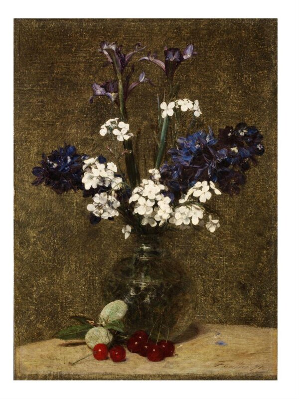 Vase of flowers, with Cherries and Almonds on the table