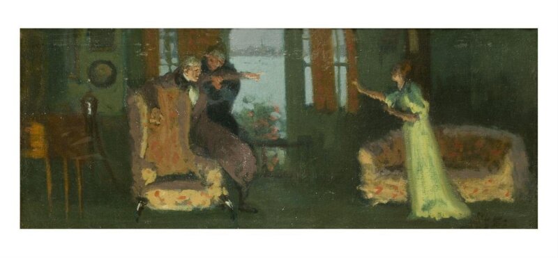 Winifred Emery as Rosamund, Cyril Maude as Mr Watkin and Brandon Thomas as Mr Brabazon in <i>Sowing the Wind</i> by Sydney Grundy