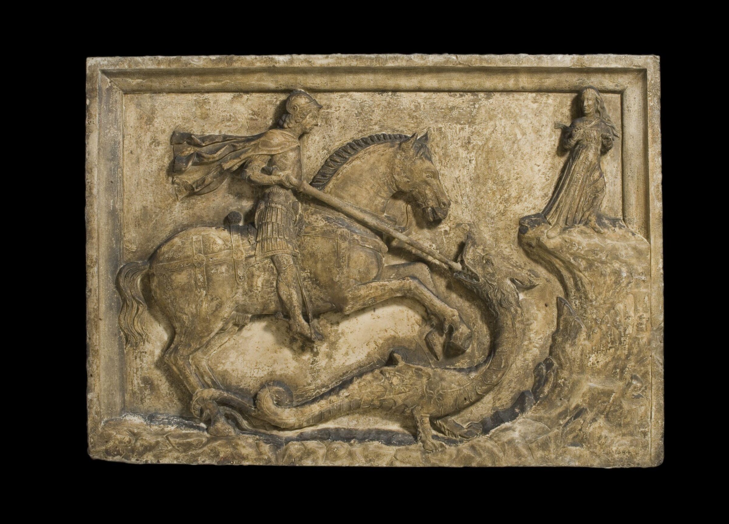 Saint George and the Dragon with two armorial reliefs, ca. 1500