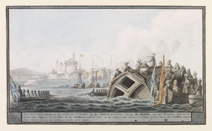 The first day's attack on the Castle of Aboukir by the Turkish Gun-boats having five British, and five Russian seamen in each, and assisted by the boats of the Swiftsure, octr: 24th top image