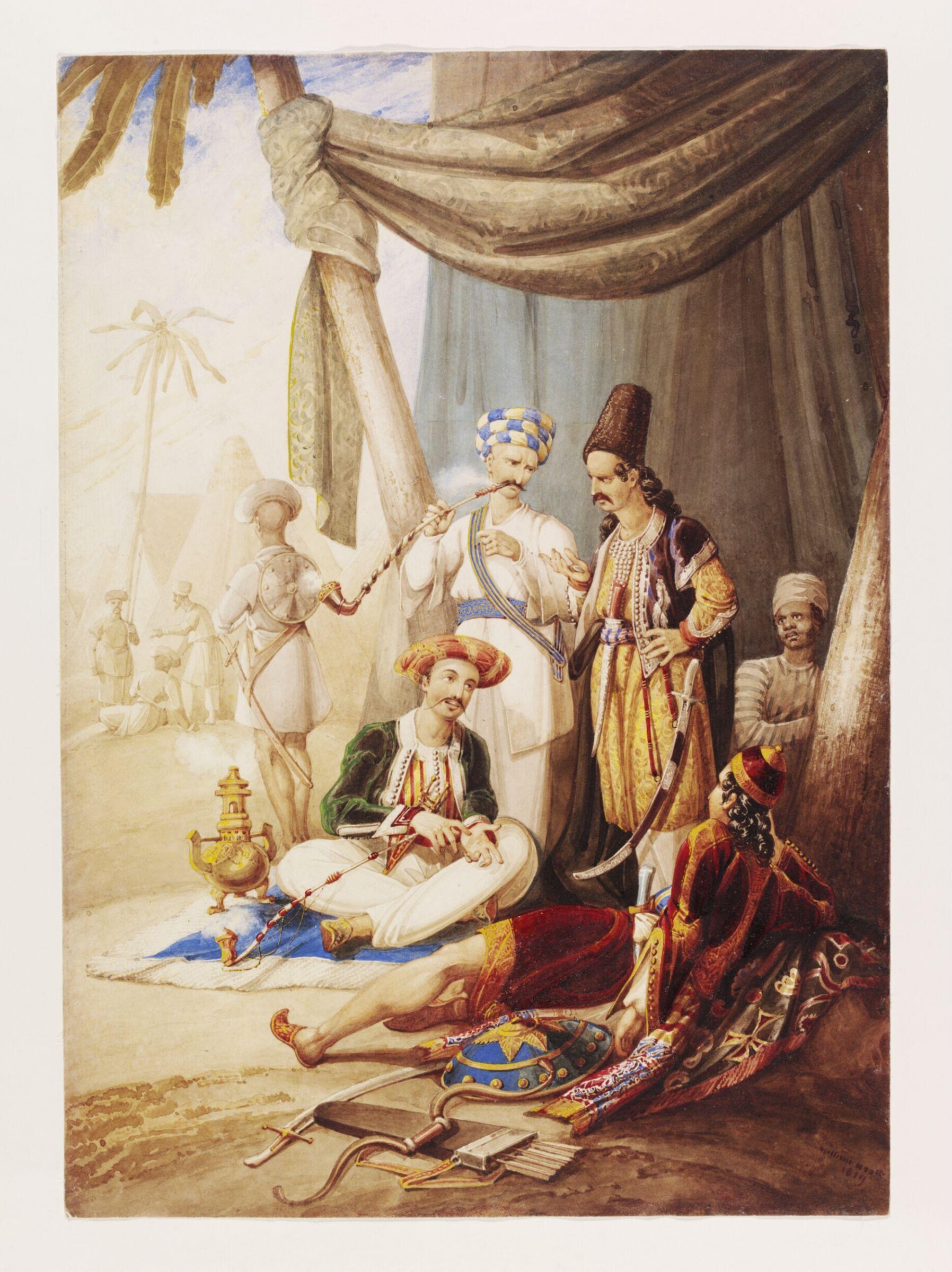 A Group of Eastern Figures sitting and standing at the entrance to a Tent, with encampment in background, William Heath, 1819