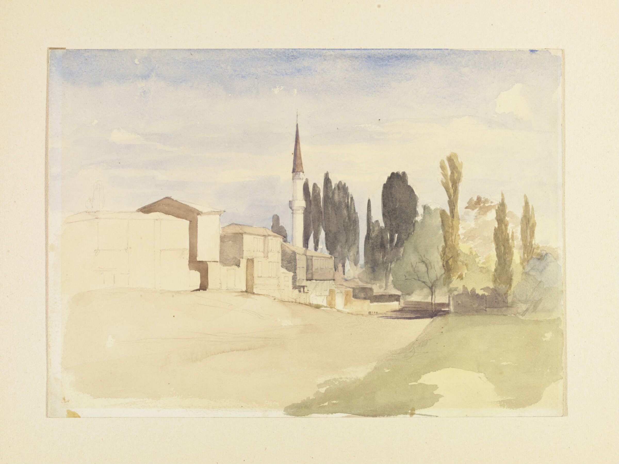 A group of houses, a minaret and cypress trees, Edward Armitage, ca. 1855