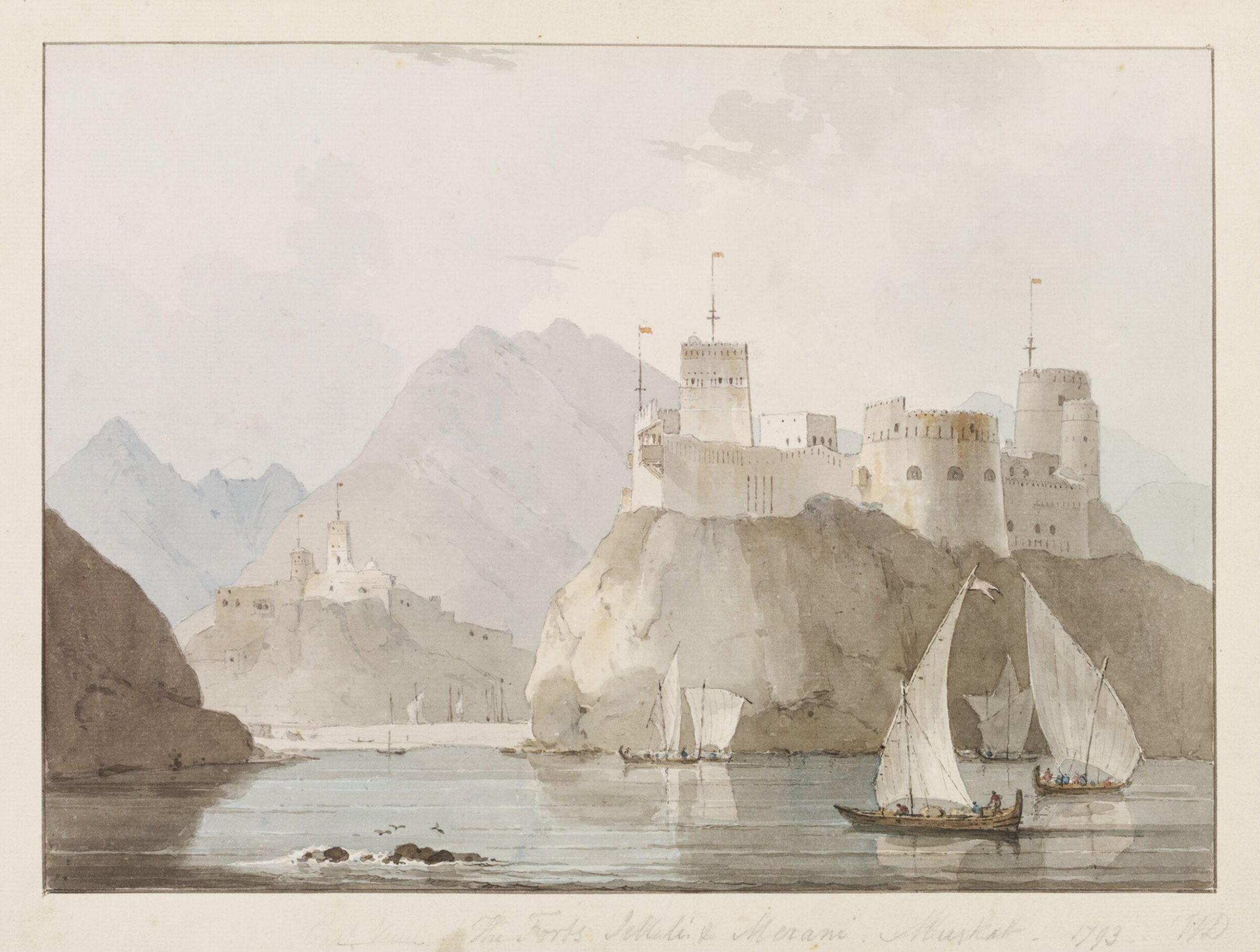 East View of The Forts Jellali & Merani, Muscat, William Daniell, 1793