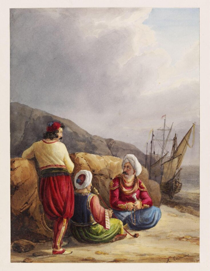 Two seated Turkish Seamen with an Albanian [?], on a rocky shore, with ships anchored in a bay and storm clouds overhead top image