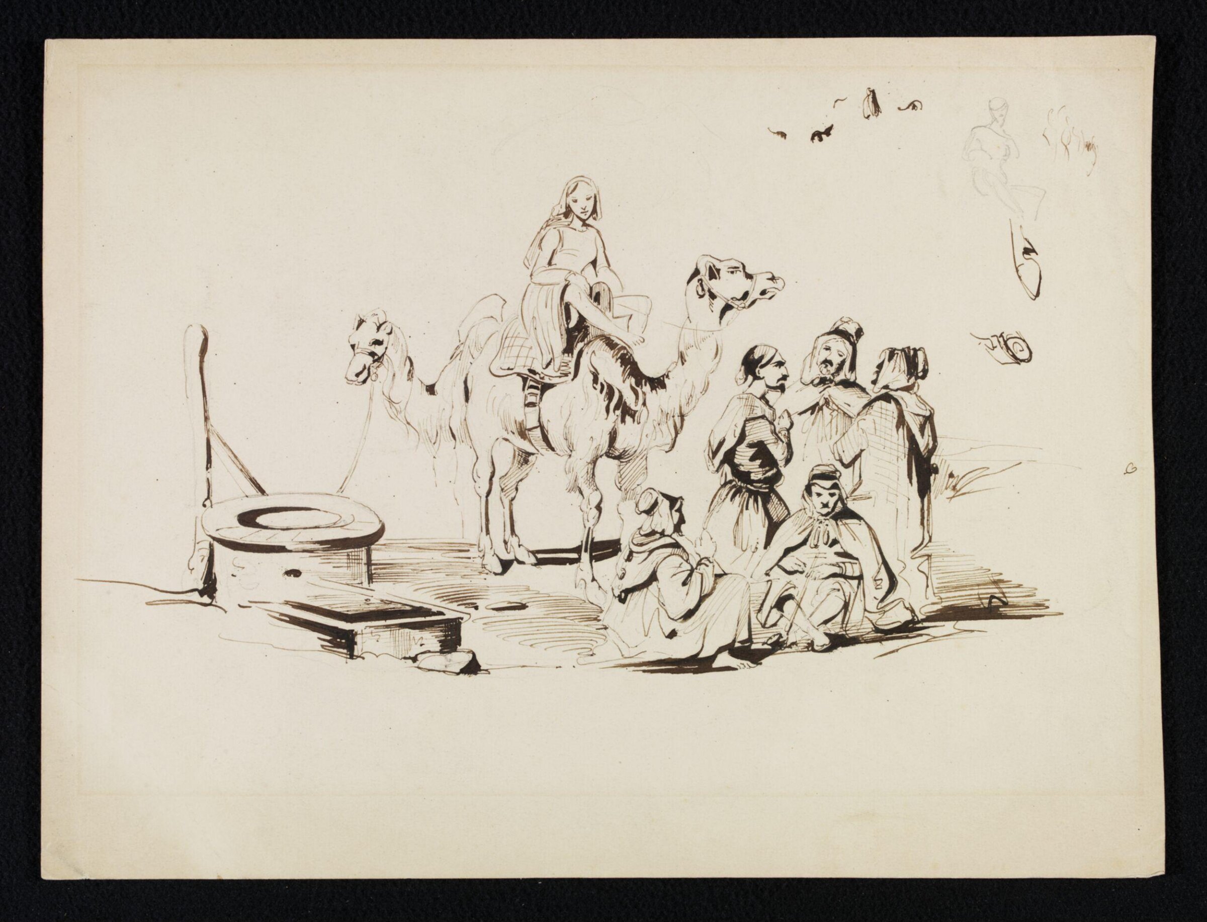 Group of Arab men, with woman mounted on a camel, at a well, Théodore Leblanc, ca. 1828-1837