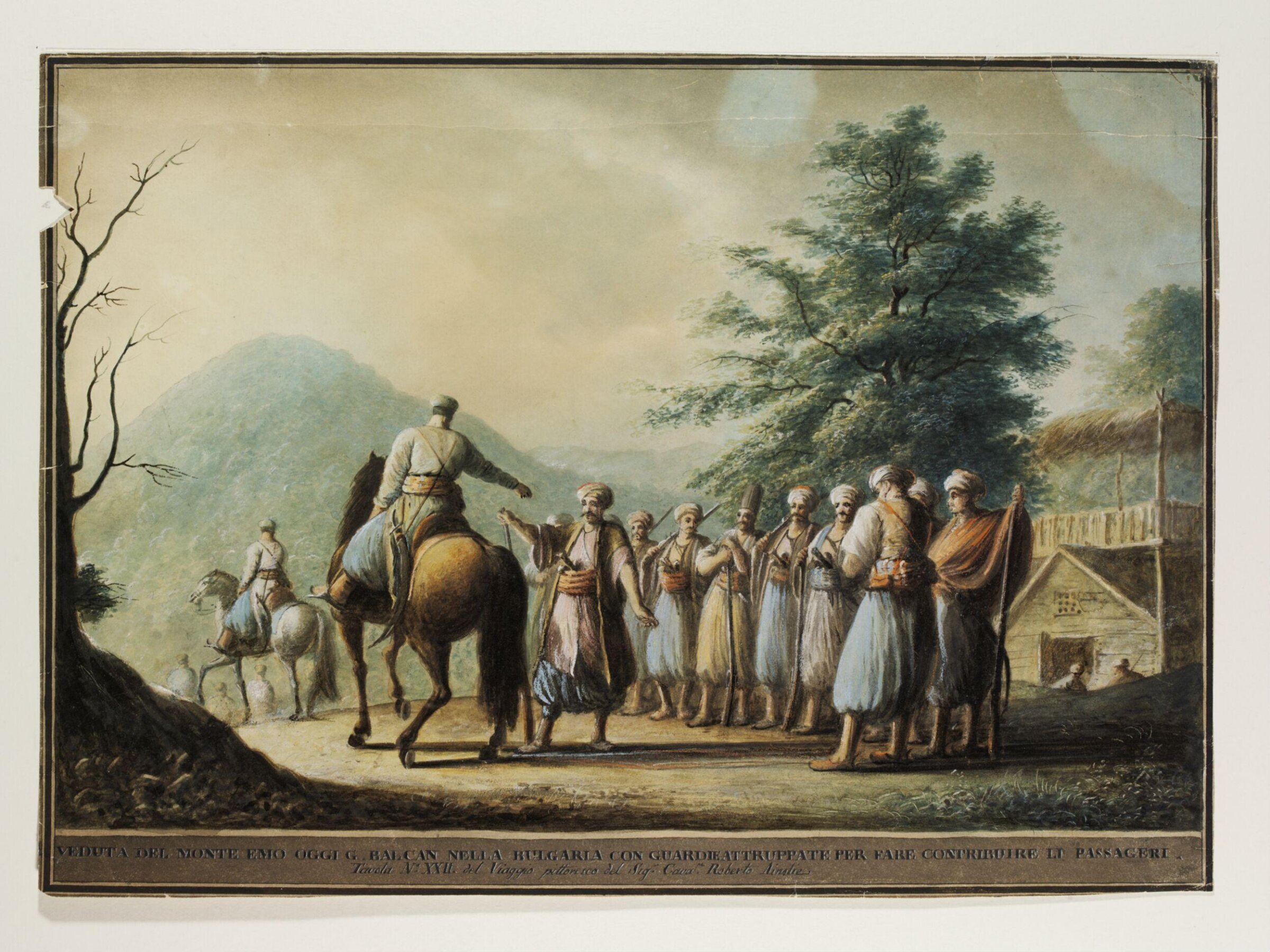 View of Mount Emo [Haemus] or Great Balkan in Bulgaria with guards assembled to collect a toll from travellers, Luigi Mayer, ca. 1800