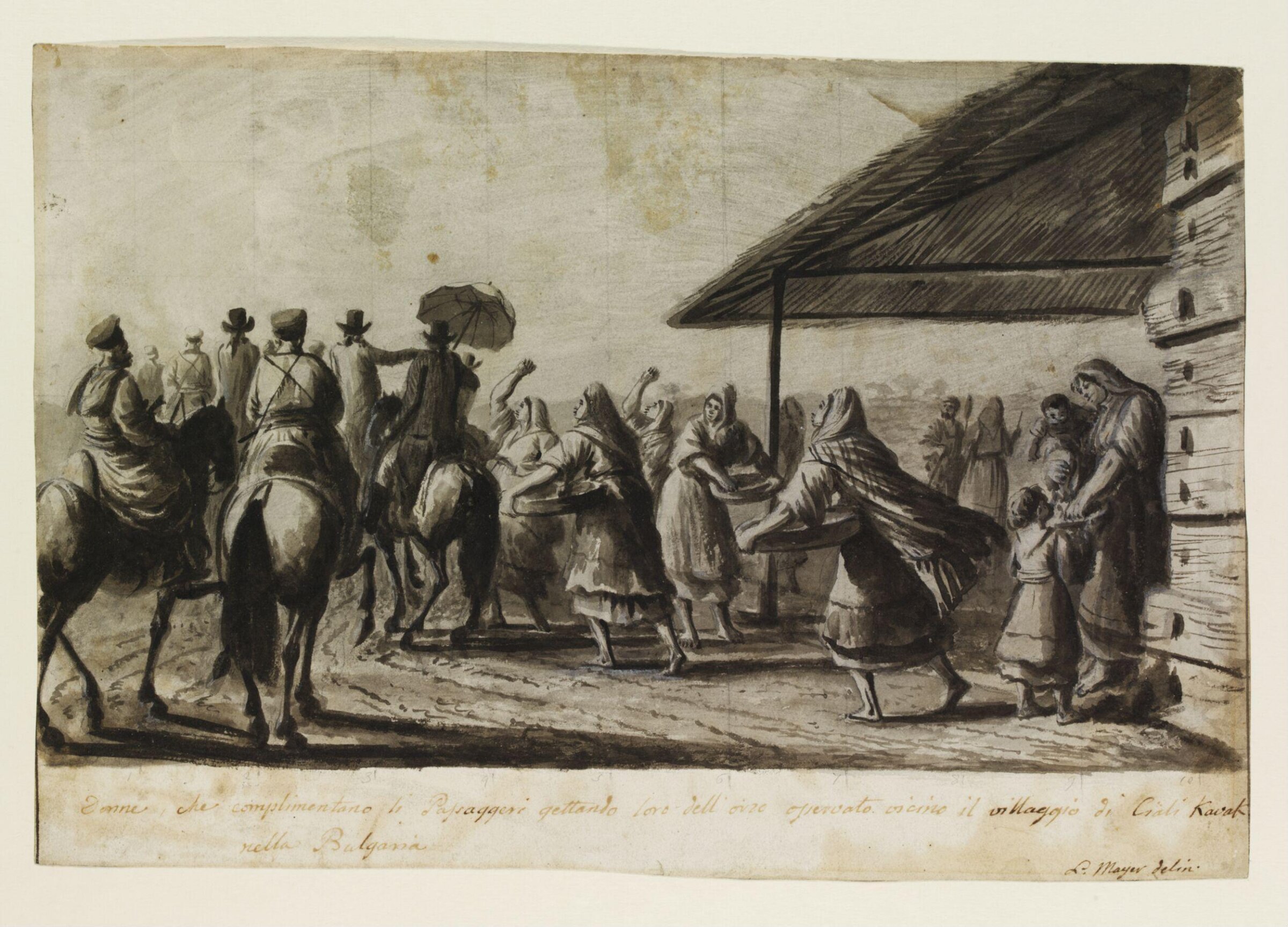 Women greeting travellers by throwing barley to them, observed near the village of Ciala Kavak [Kawak] in Bulgaria, Luigi Mayer, 1794-1795