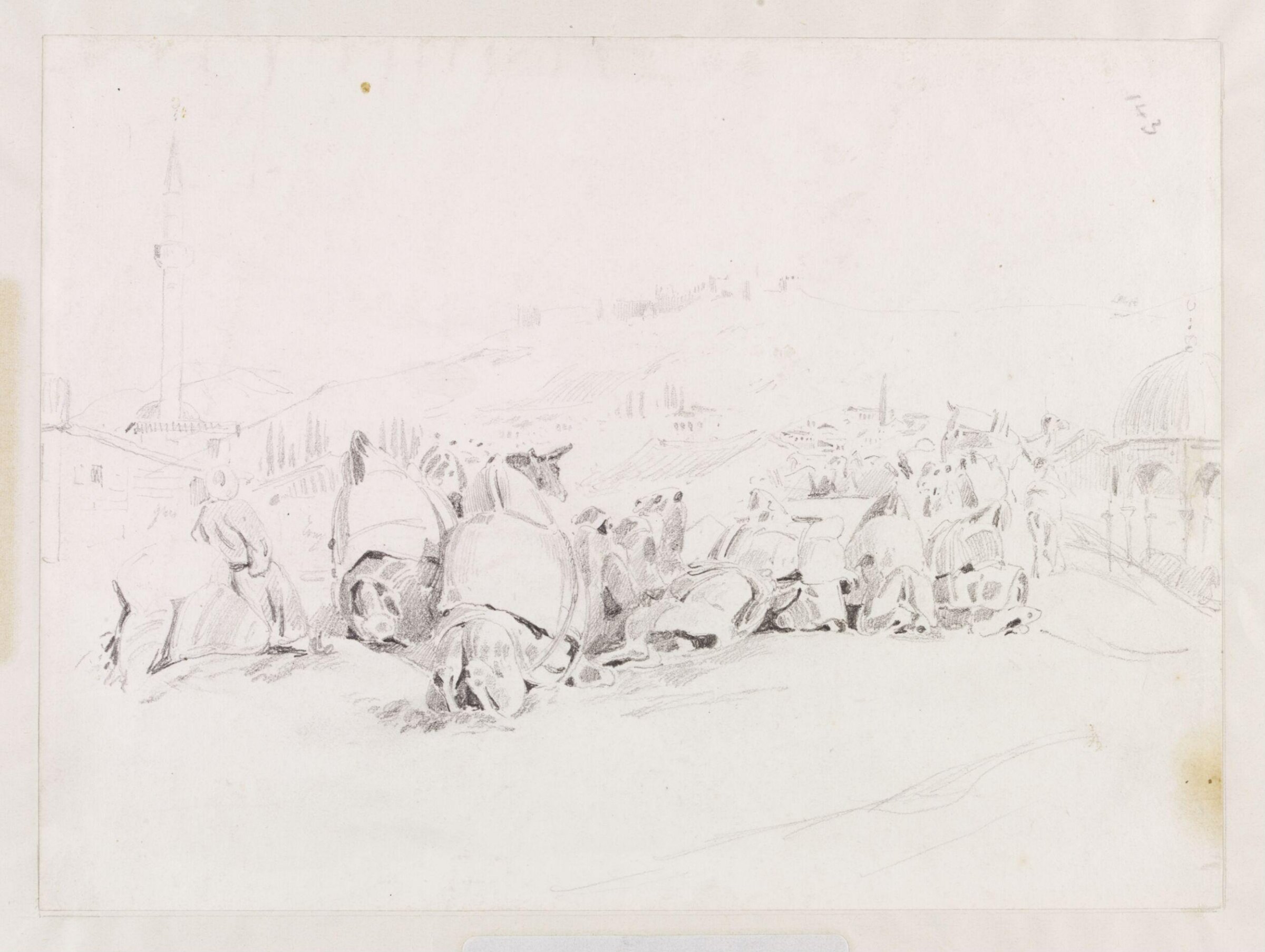 Laden camels and driver resting outside a town, Théodore Leblanc, ca. 1828-1837
