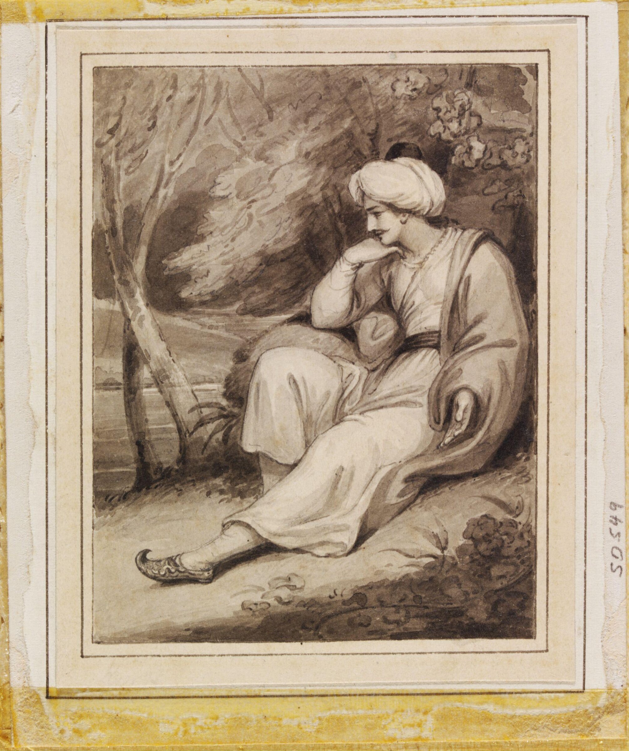 Persian Man shown in profile, seated under trees by a lake, about 1794-1797. Thomas Kirk, Thomas Kirk, ca. 1794-1797