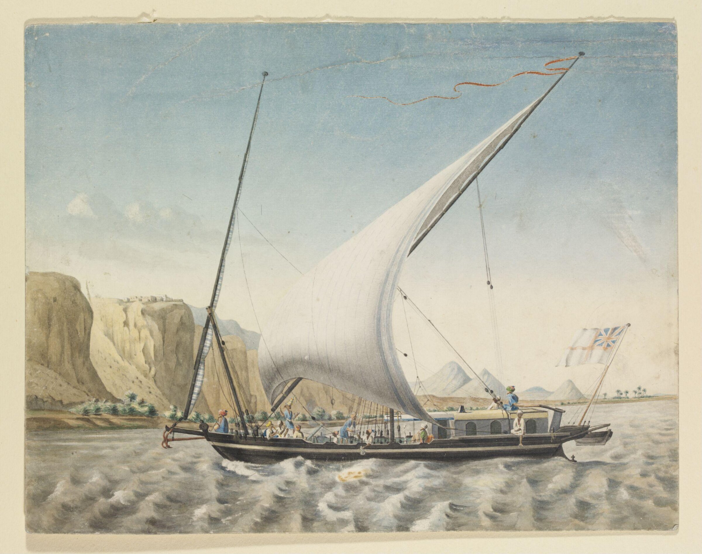 A Canja on the Nile near Qasr Ibrim, Nubia, flying a White Ensign, Louis Maurice Adolphe Linant de Bellefonds, 19th century