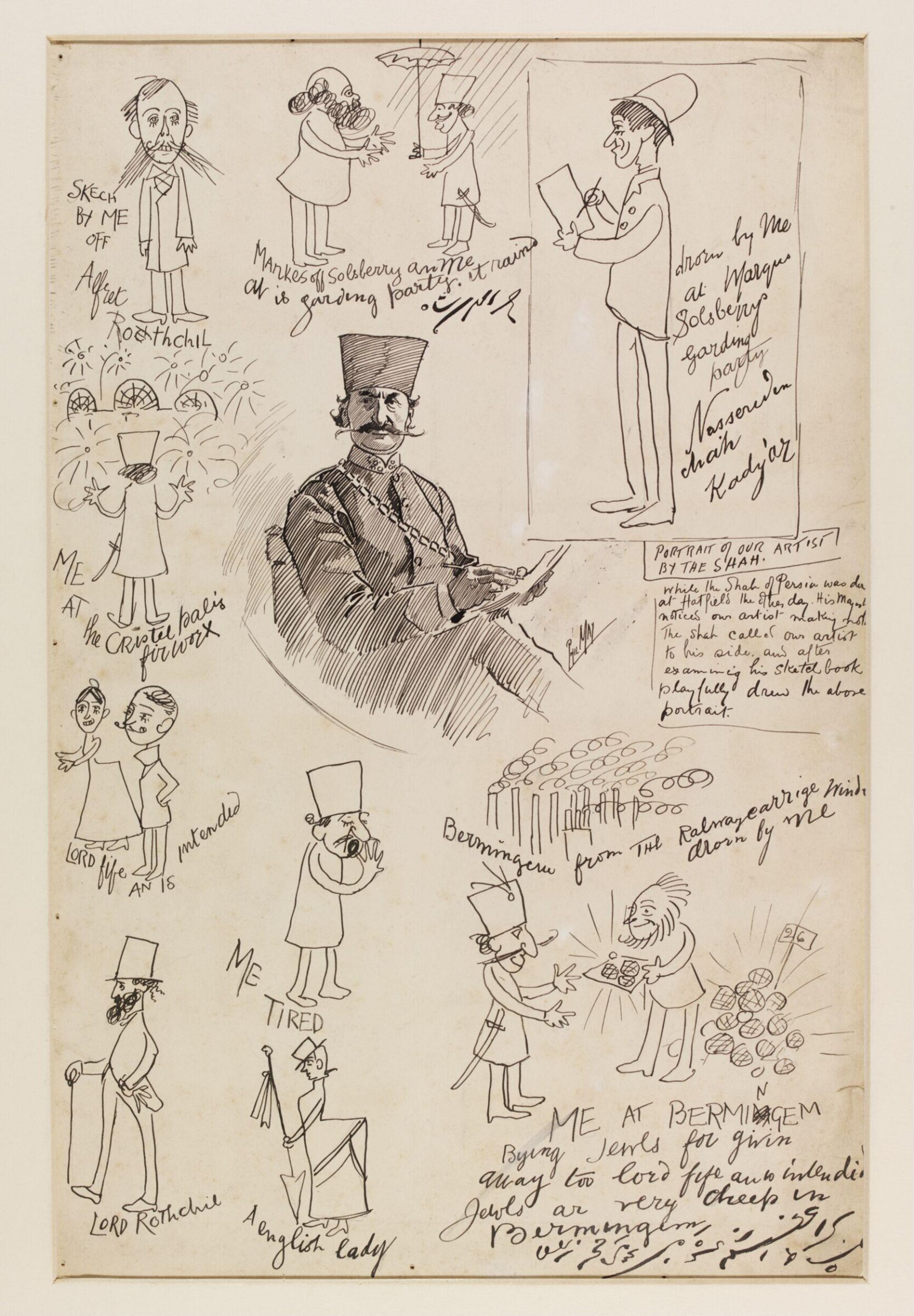 Portrait of the Shah of Persia, and related comic sketches, Phil May, 1889