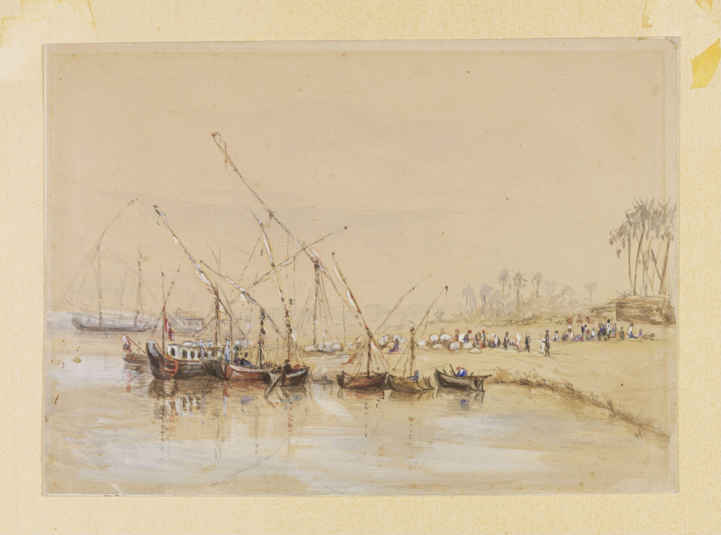 A Scene on the Nile: with dahabiyyahs and bales of cotton being loaded into feluccas, 1850-1900